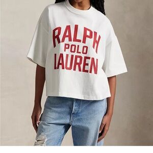 Ralph Lauren Red and White Crop Boxy Tee, EUC